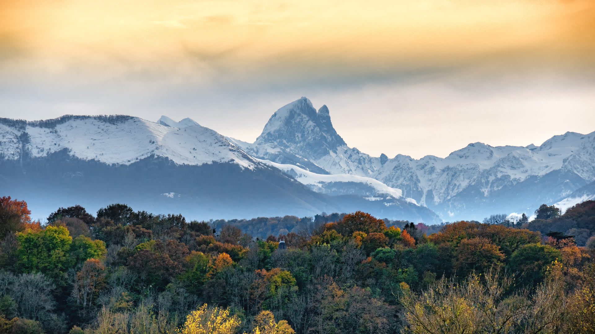 view of Pic du Midi Ossau in autumn, french Pyrenees mountains